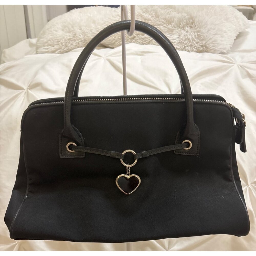 Franco Sarto Black Nylon & Leather Handbag With Heart Charm Accent vintage